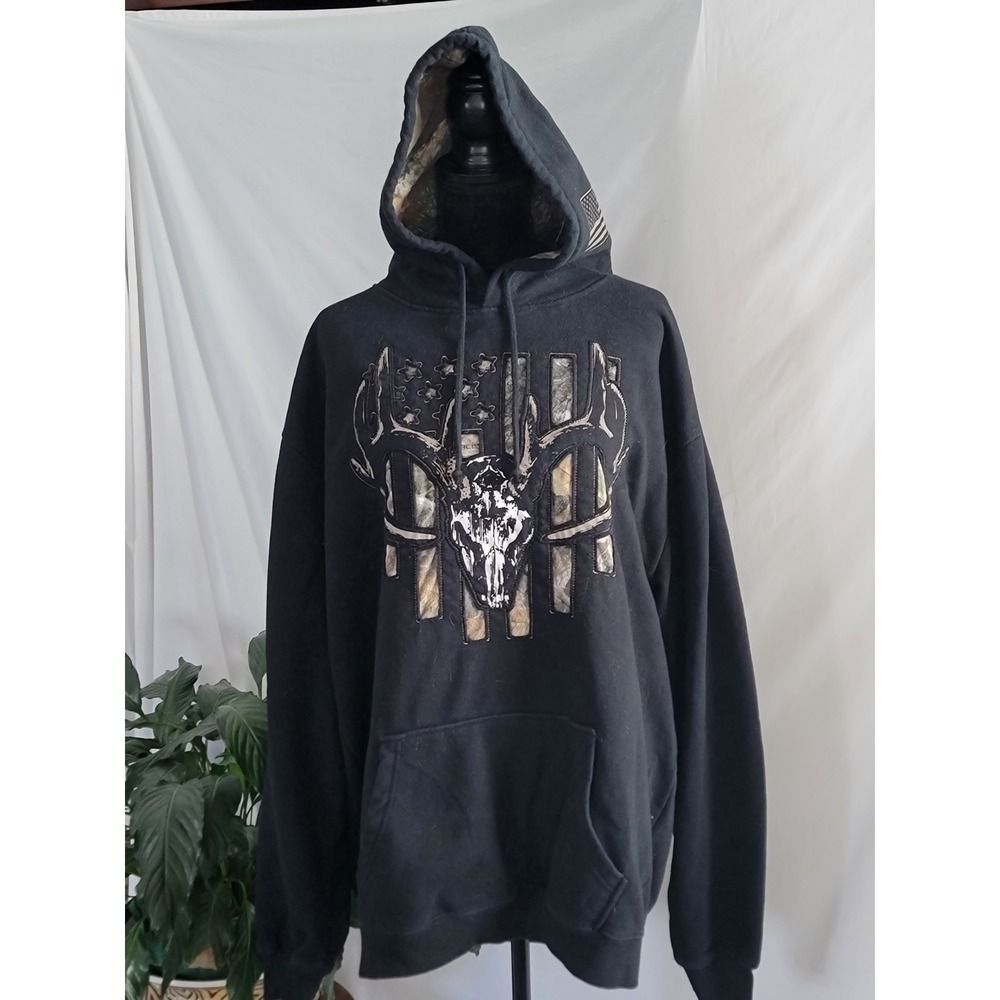 Buck Wear Mens XXL Black Hoodie Deer Skull Realtree Camo American Flag Pullover